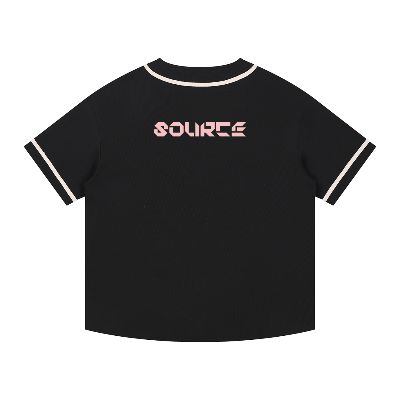 Black t-shirt with 'SOURCE' printed on the back against a white background