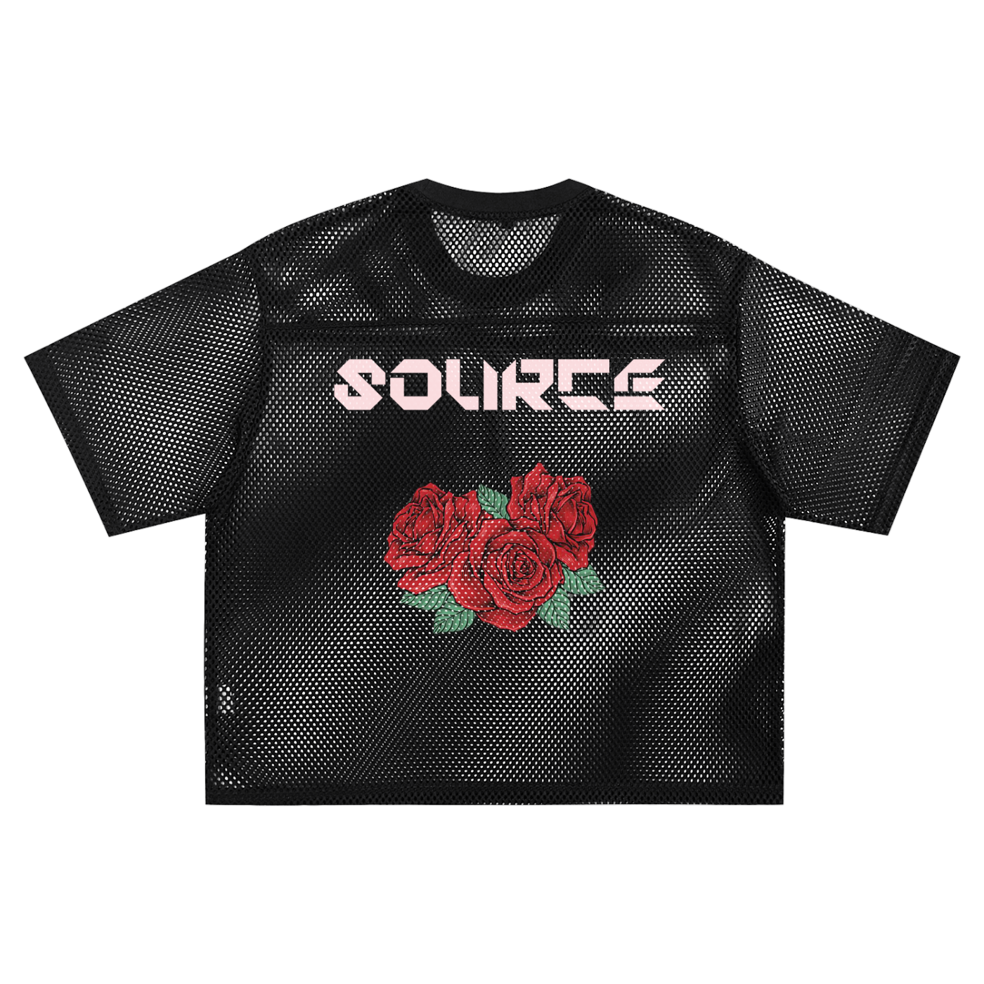 Black mesh t-shirt with red roses and 'SOLICE' branding on a white background