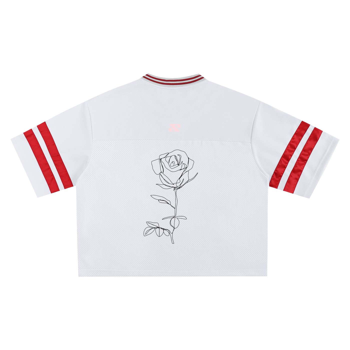 White sports jersey with red accents and a rose design on the back, on a white background