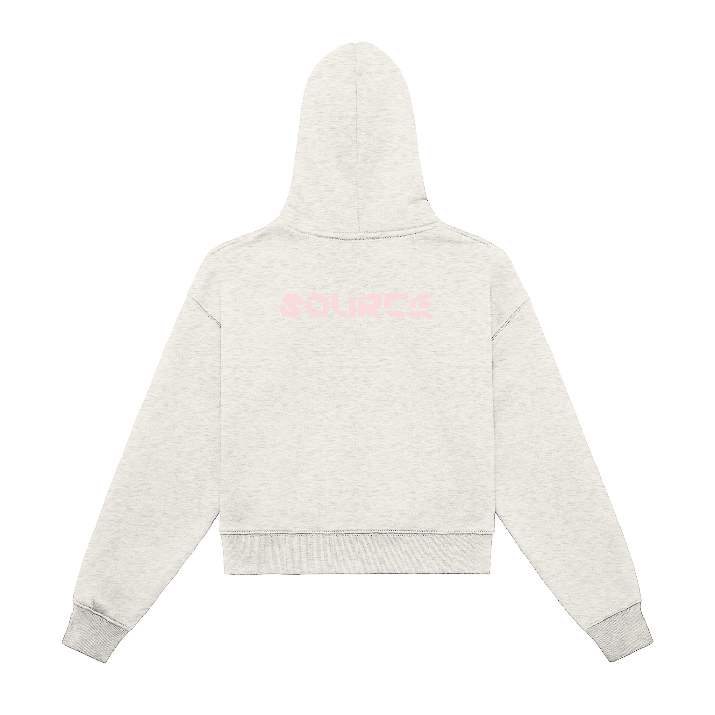 Light gray hoodie with pink text on the back against a white background