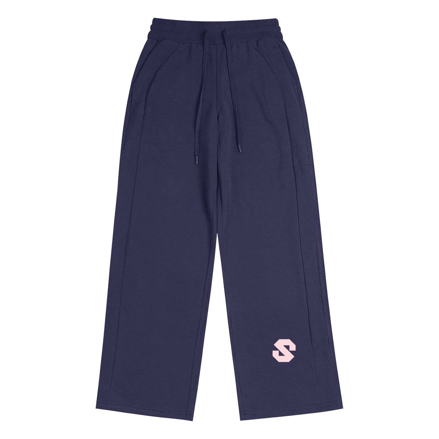 Navy blue pants with a logo on a white background