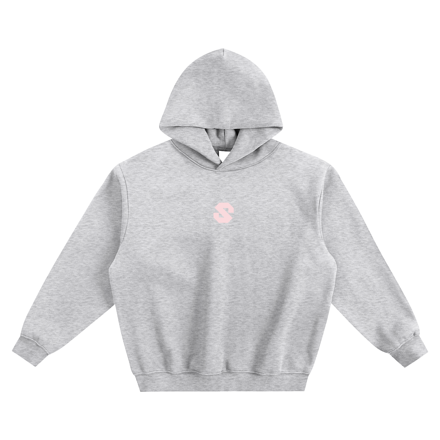 Gray hoodie with a small pink logo on a white background