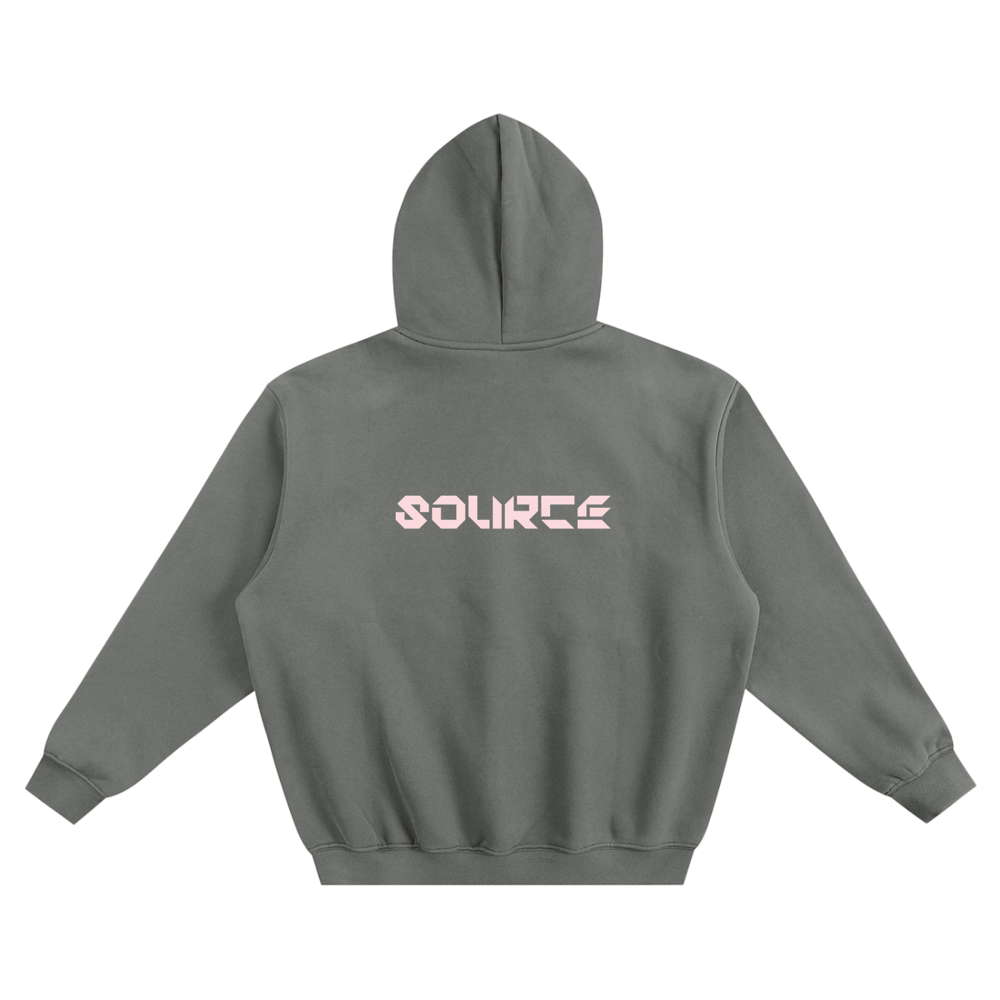 Gray hoodie with 'SOURCE' printed on the back against a white background