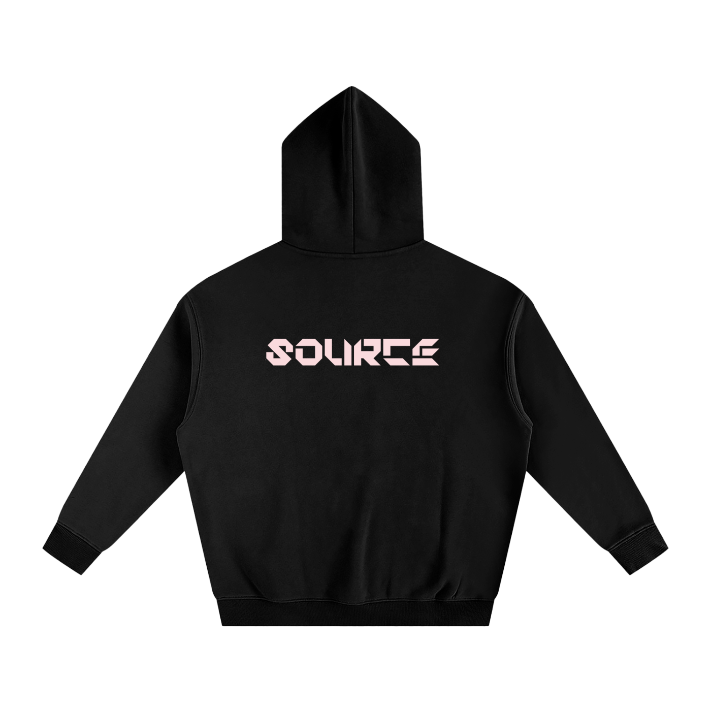 Black hoodie with 'SOURCE' printed on the back against a white background