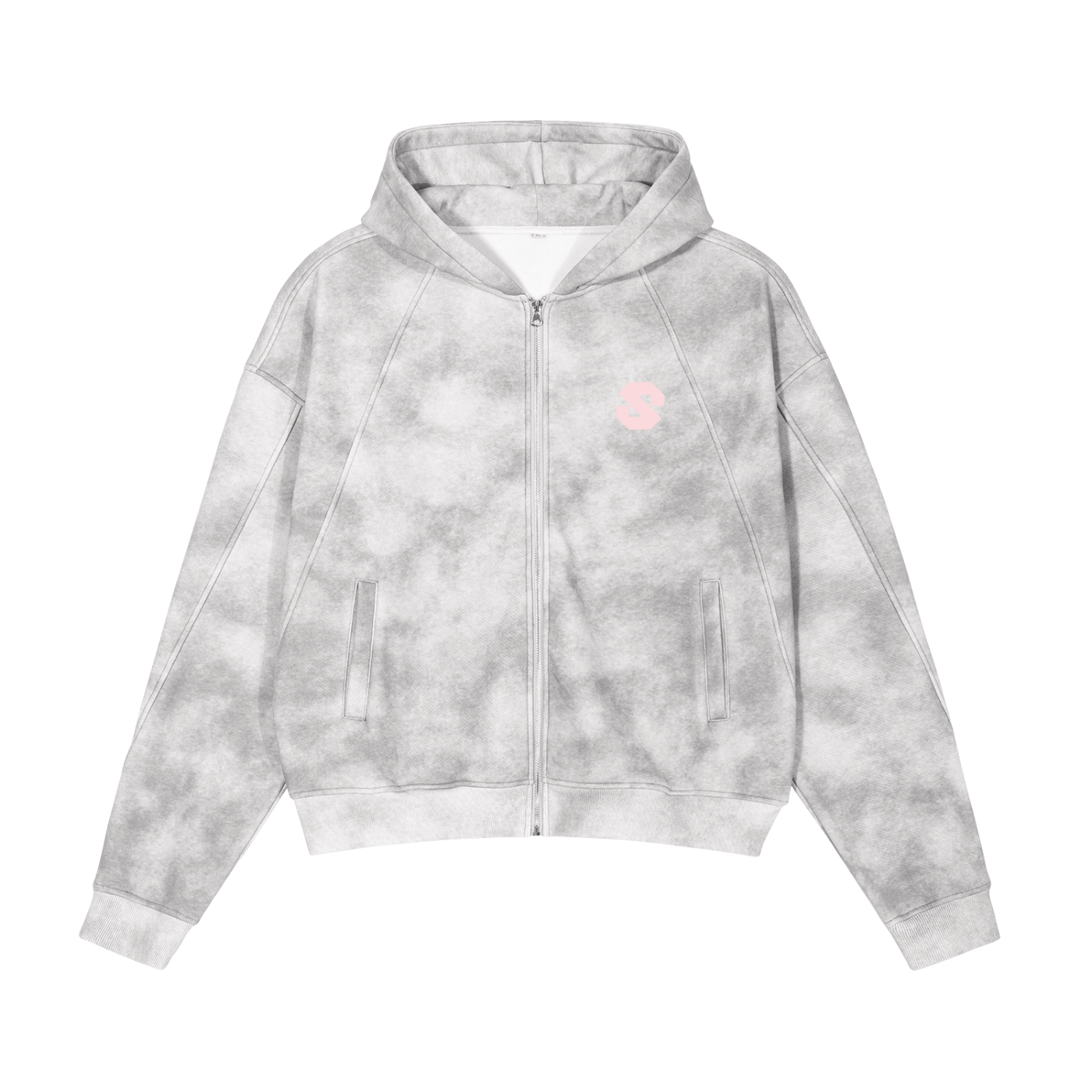 Gray tie-dye hoodie with a small pink logo on a white background