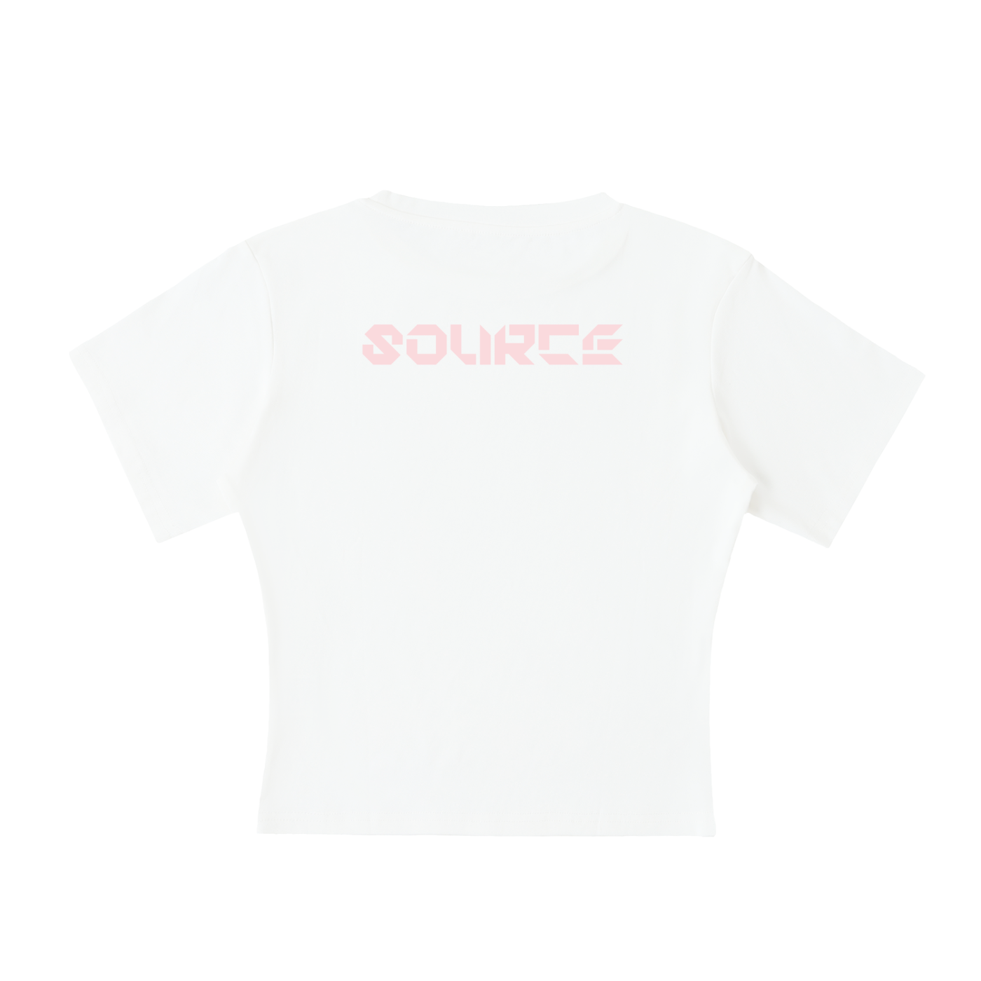 White t-shirt with 'SOURCE' printed in pink on a white background