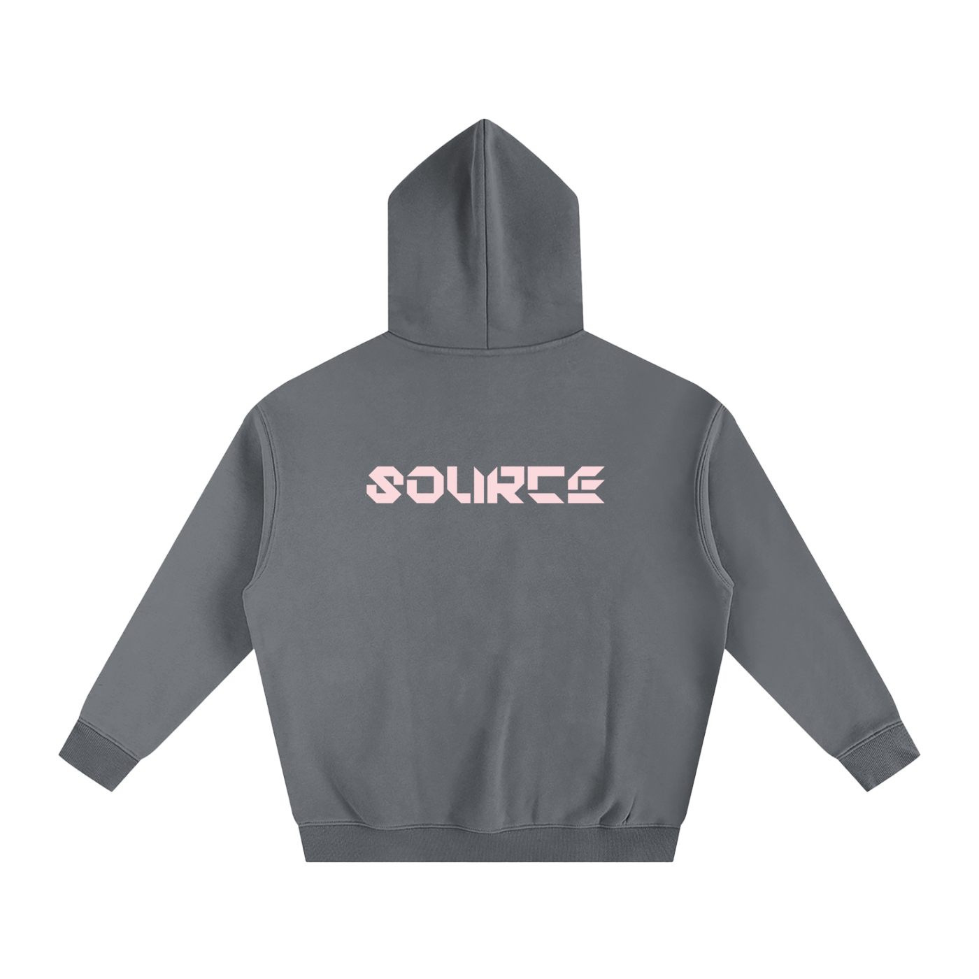 Gray hoodie with 'SOURCE' printed on the back against a white background