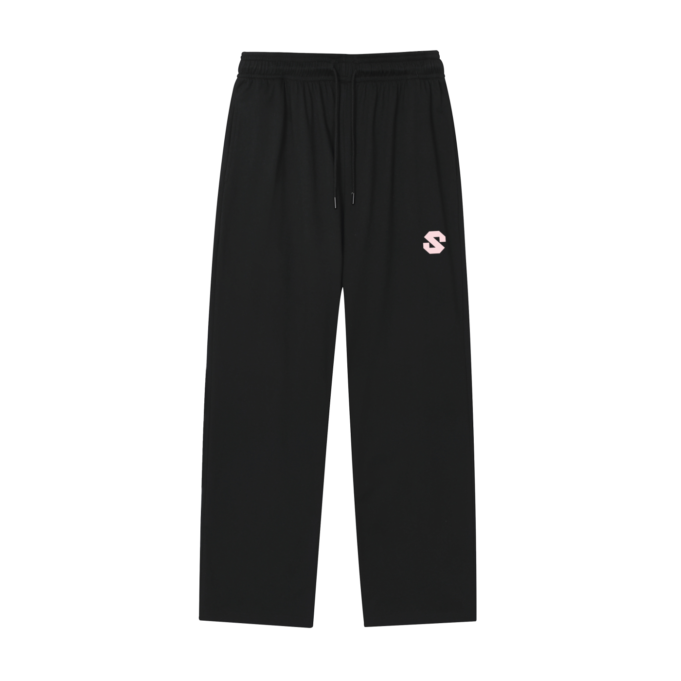 Black pants with a small logo on a white background