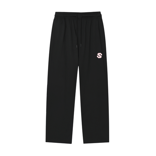 Black pants with a small logo on a white background