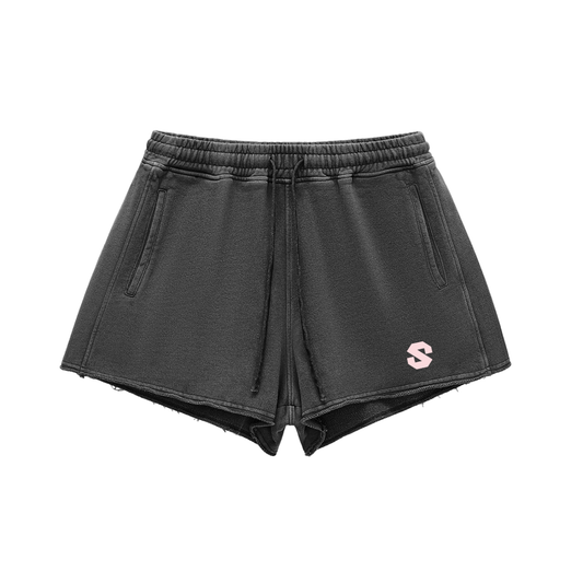 Black shorts with a logo on a white background