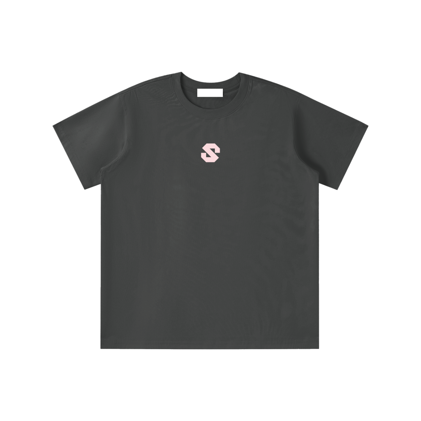Black t-shirt with a small logo on a white background