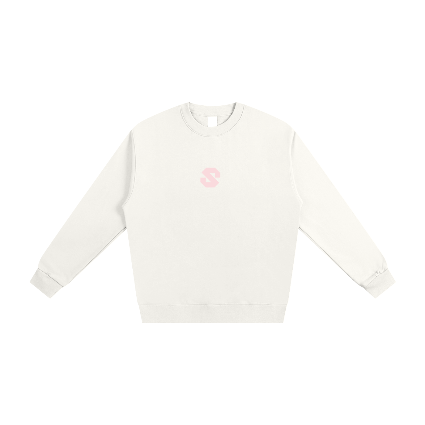 White sweatshirt with a pink logo on a white background