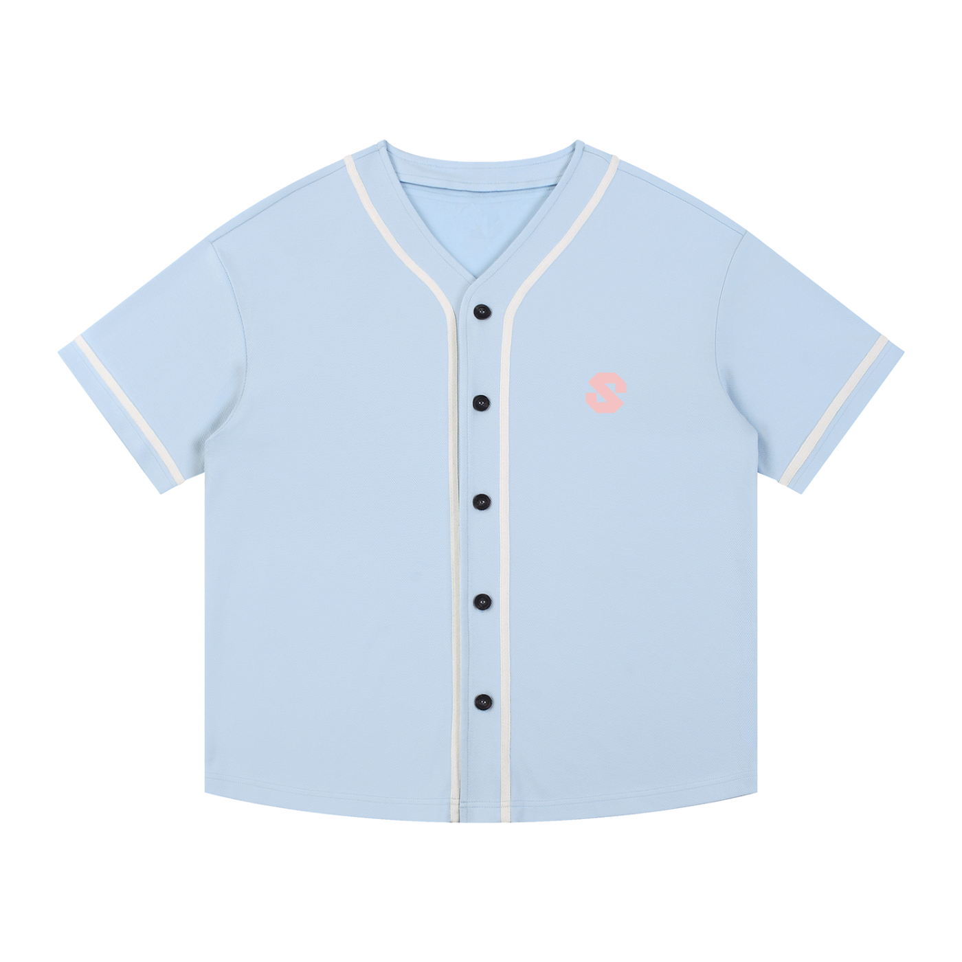 Light blue baseball shirt with white trim on a white background