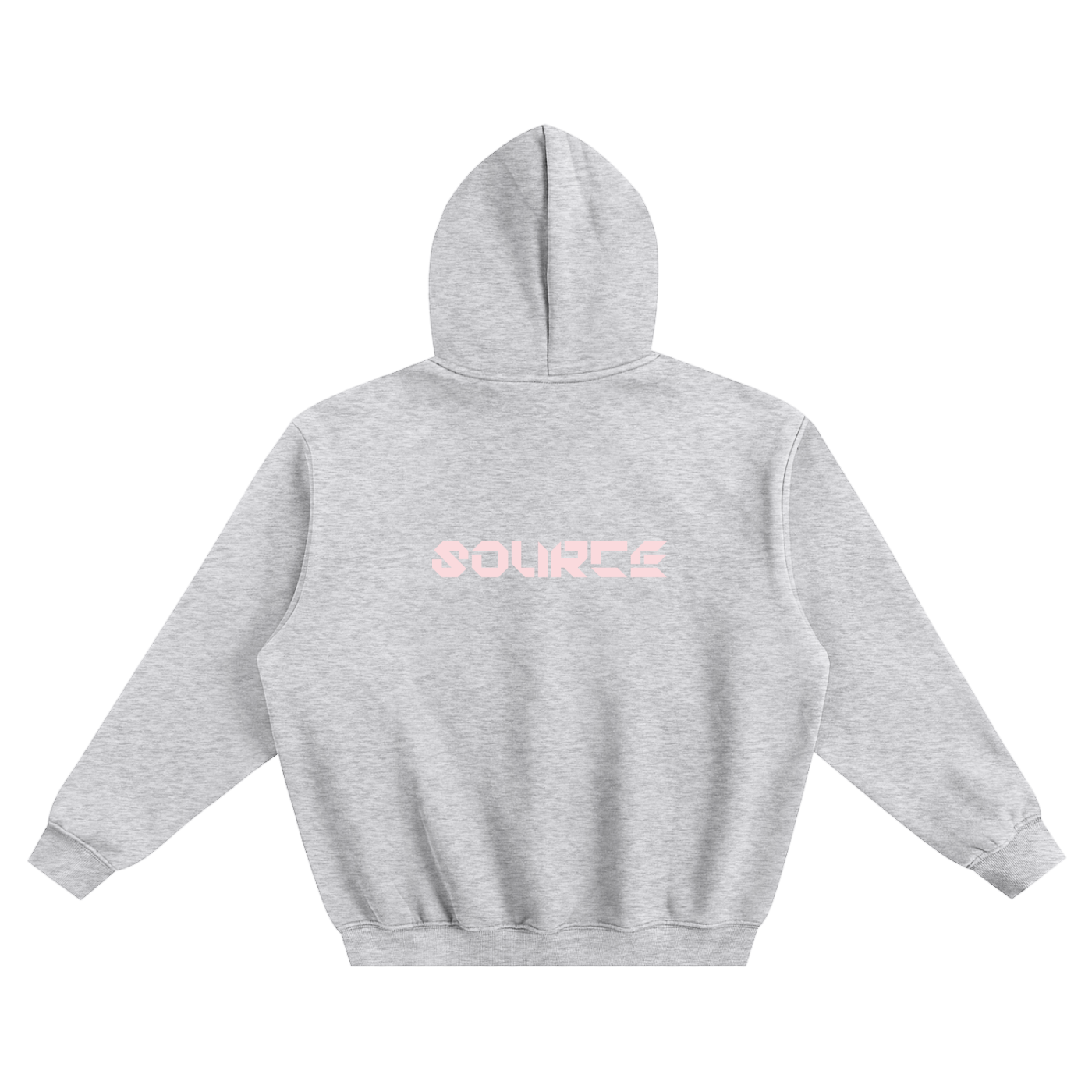 Gray hoodie with pink text on the back against a white background