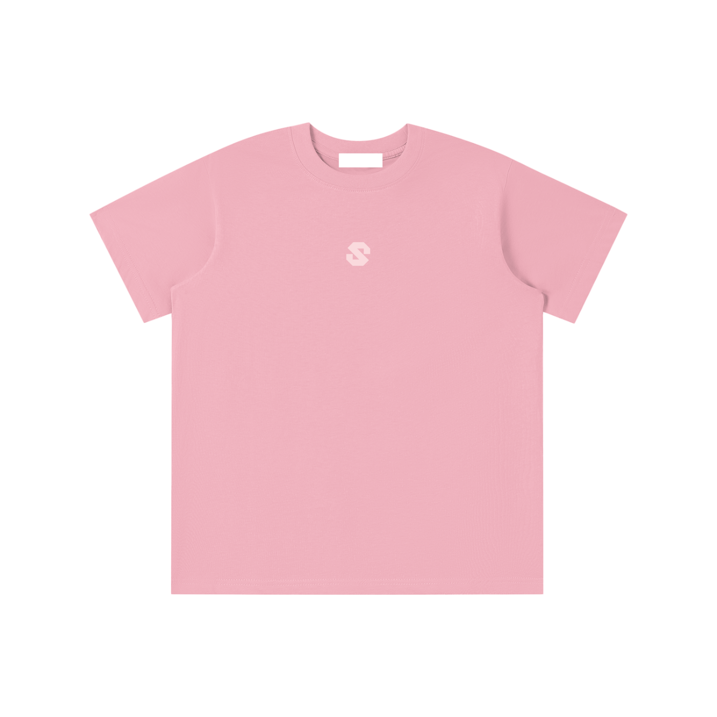 Pink t-shirt with a pink logo on a white background