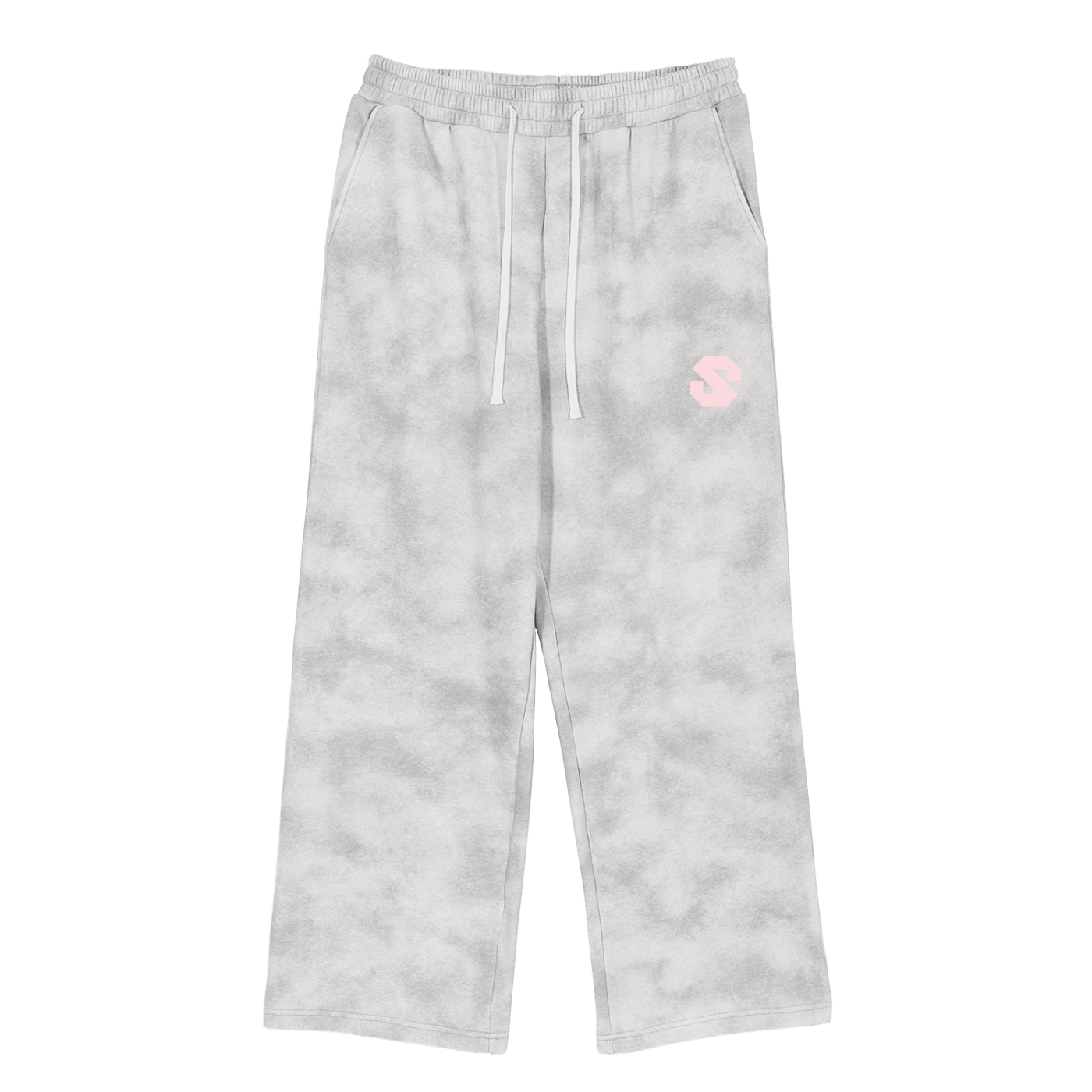 Gray sweatpants with a pink logo on a white background