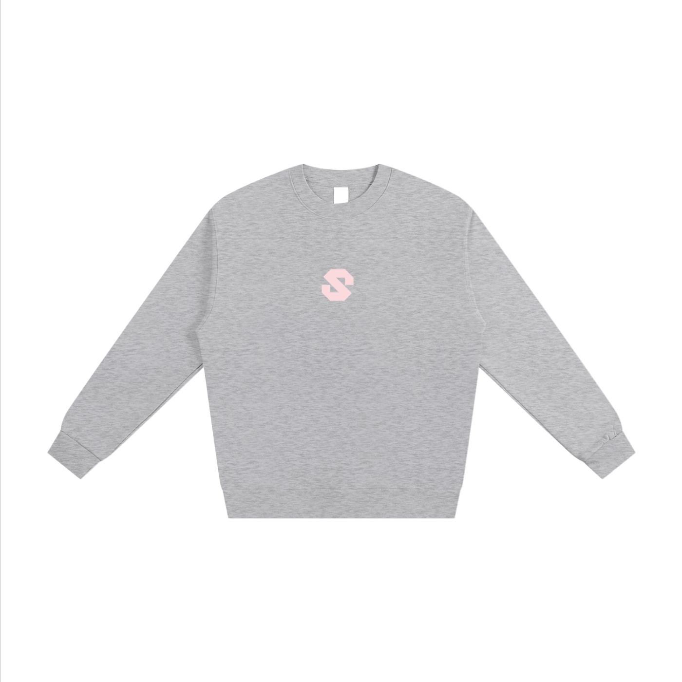 Gray sweatshirt with a pink logo on a white background