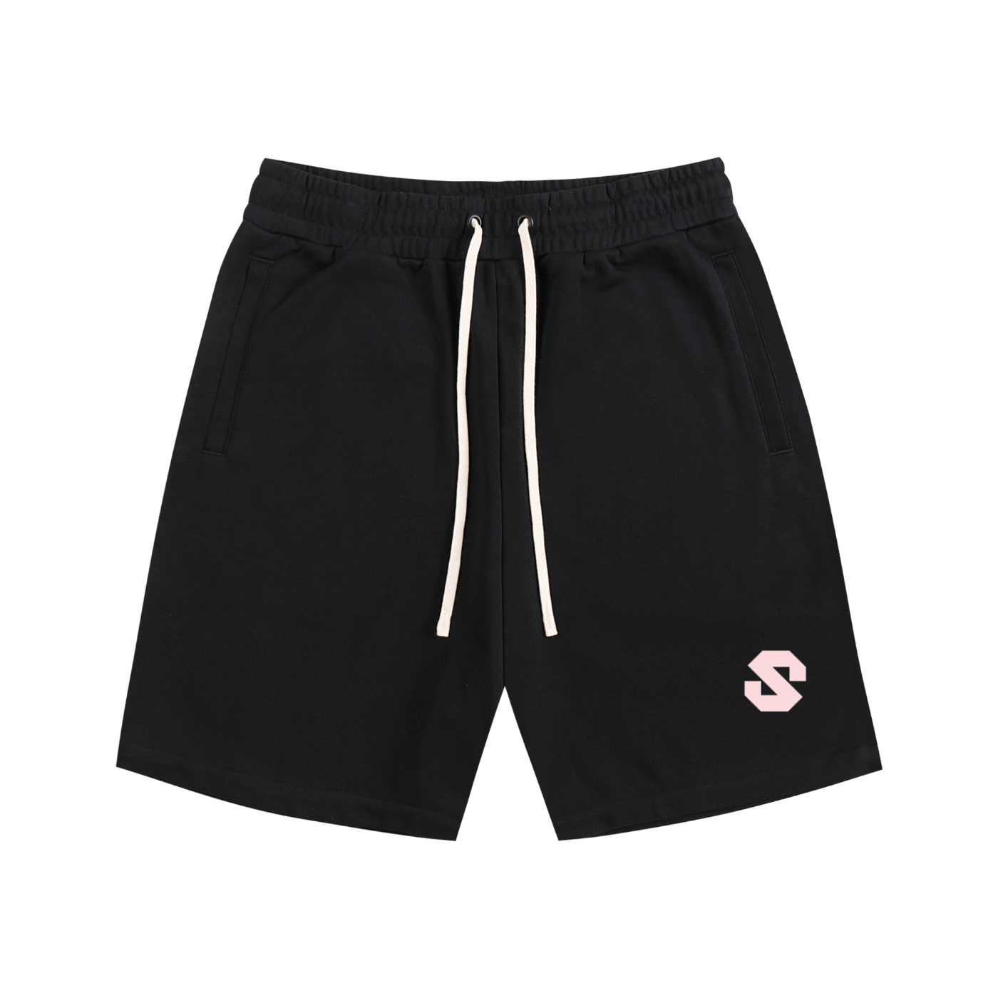 Black shorts with a pink logo on a white background