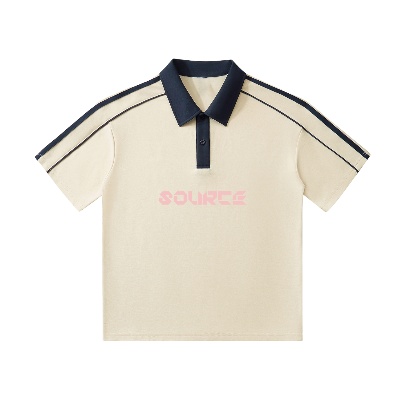 Beige polo shirt with navy accents and 'SOURCE' branding on a white background