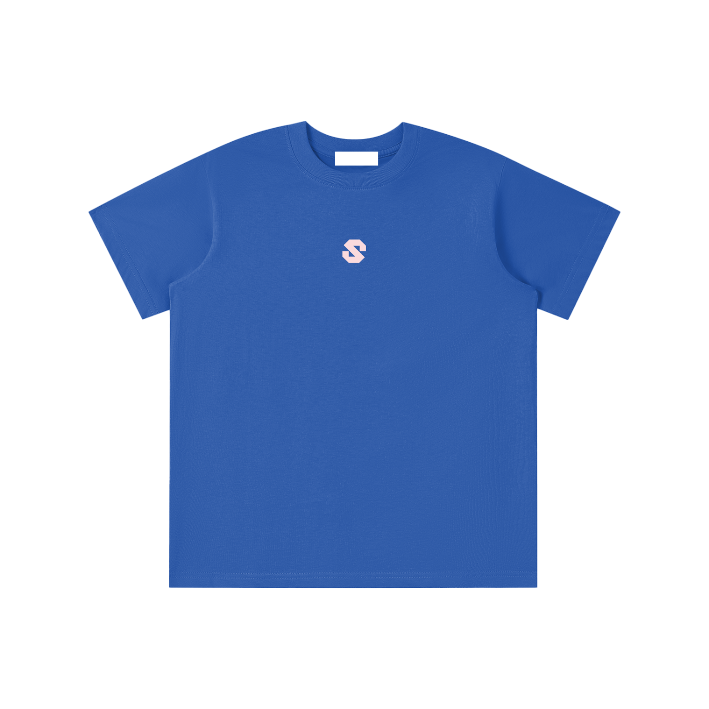 Blue t-shirt with a white logo on a white background
