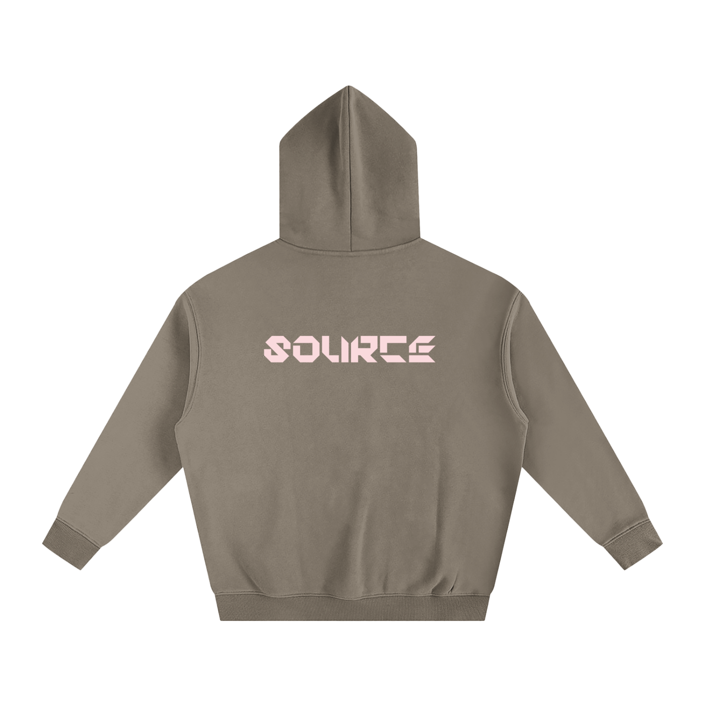 Brown hoodie with 'SOURCE' logo on the back against a white background