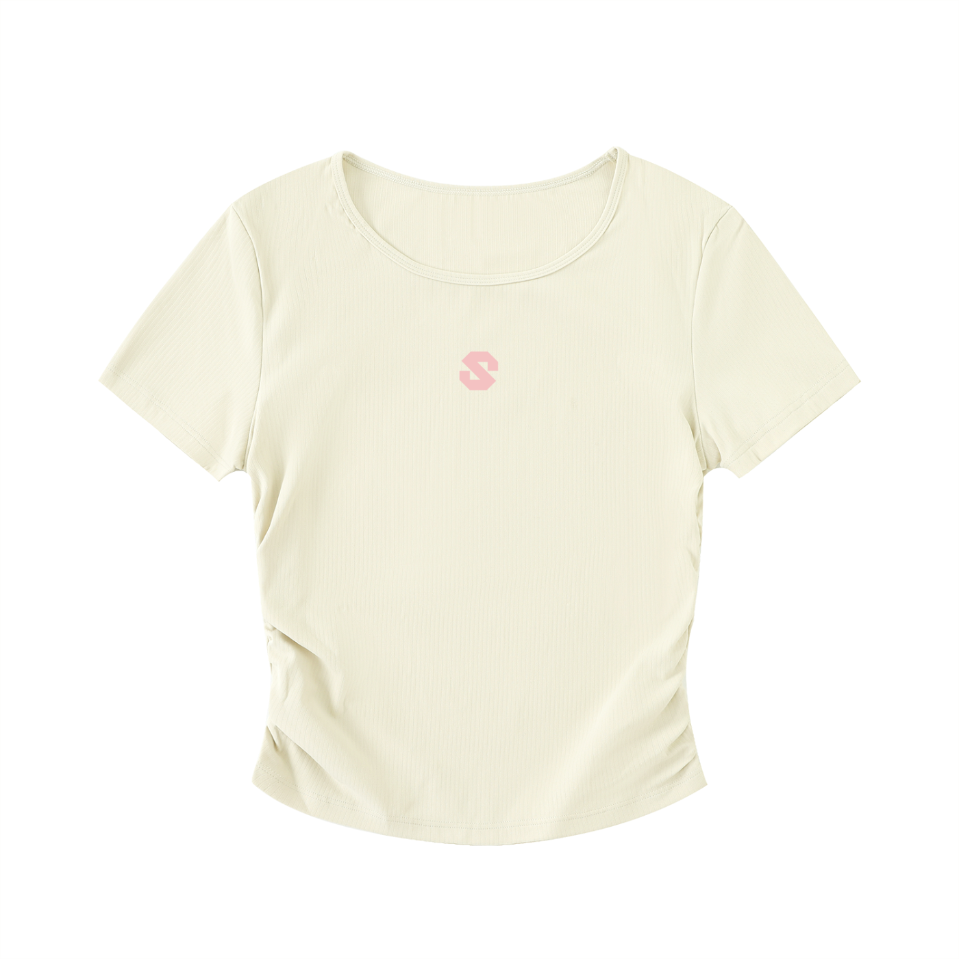 Beige t-shirt with a pink logo on a white background