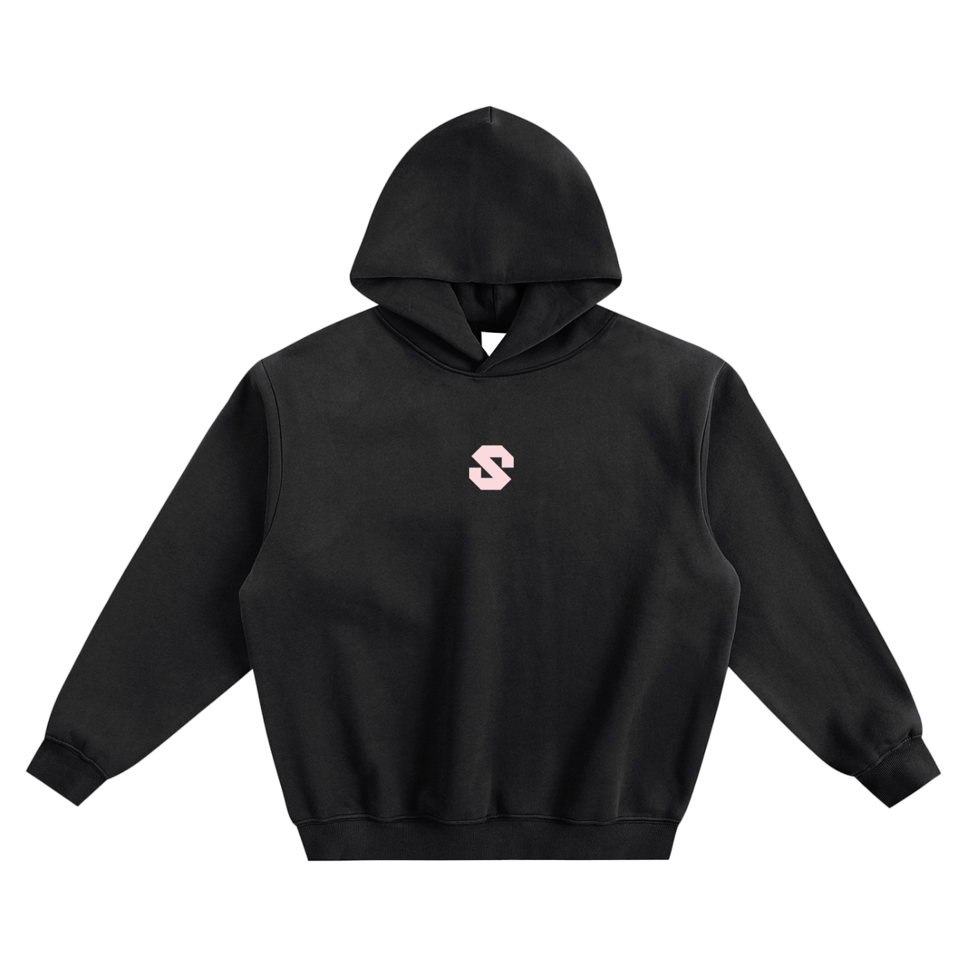 Black hoodie with a pink logo on a white background