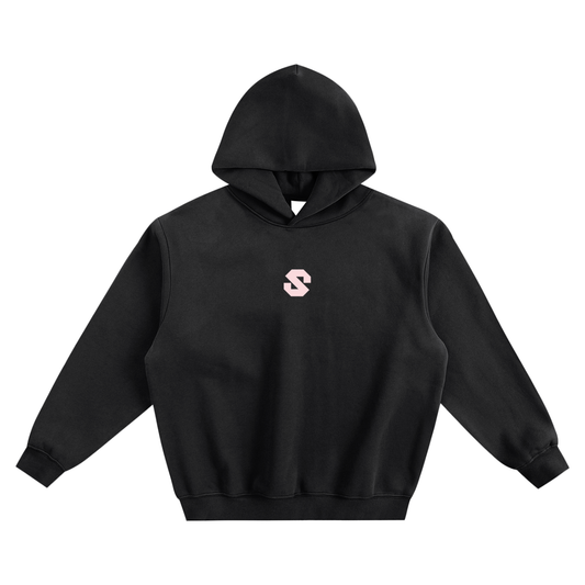 Black hoodie with a pink logo on a white background