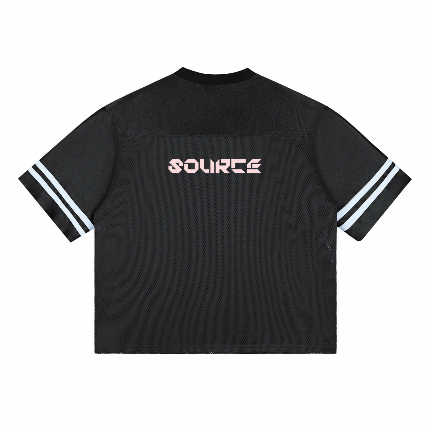 Black t-shirt with 'SOURCE' logo on a white background