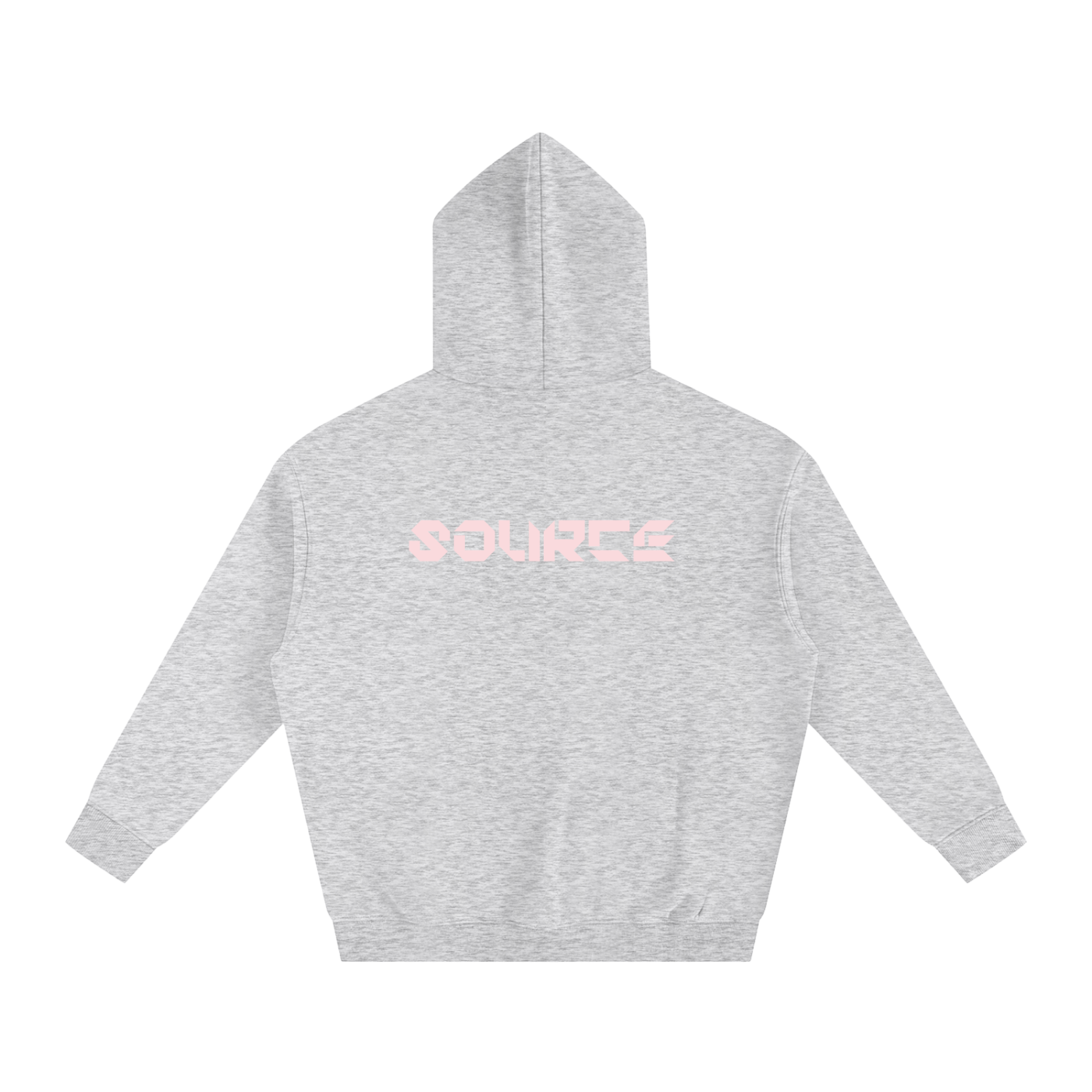 Gray hoodie with 'Sourice' logo on the back against a white background
