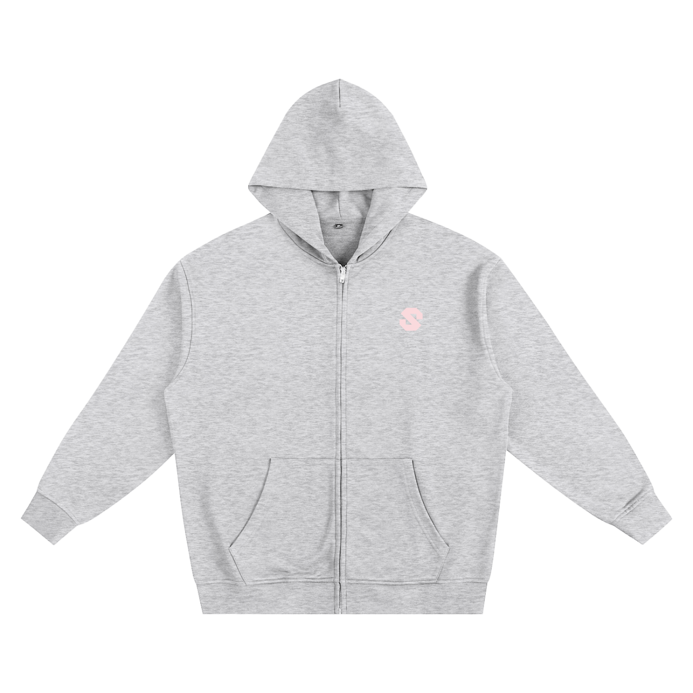 Gray hoodie with a small pink logo on a white background