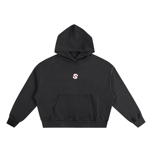 Black hoodie with a small logo on a white background