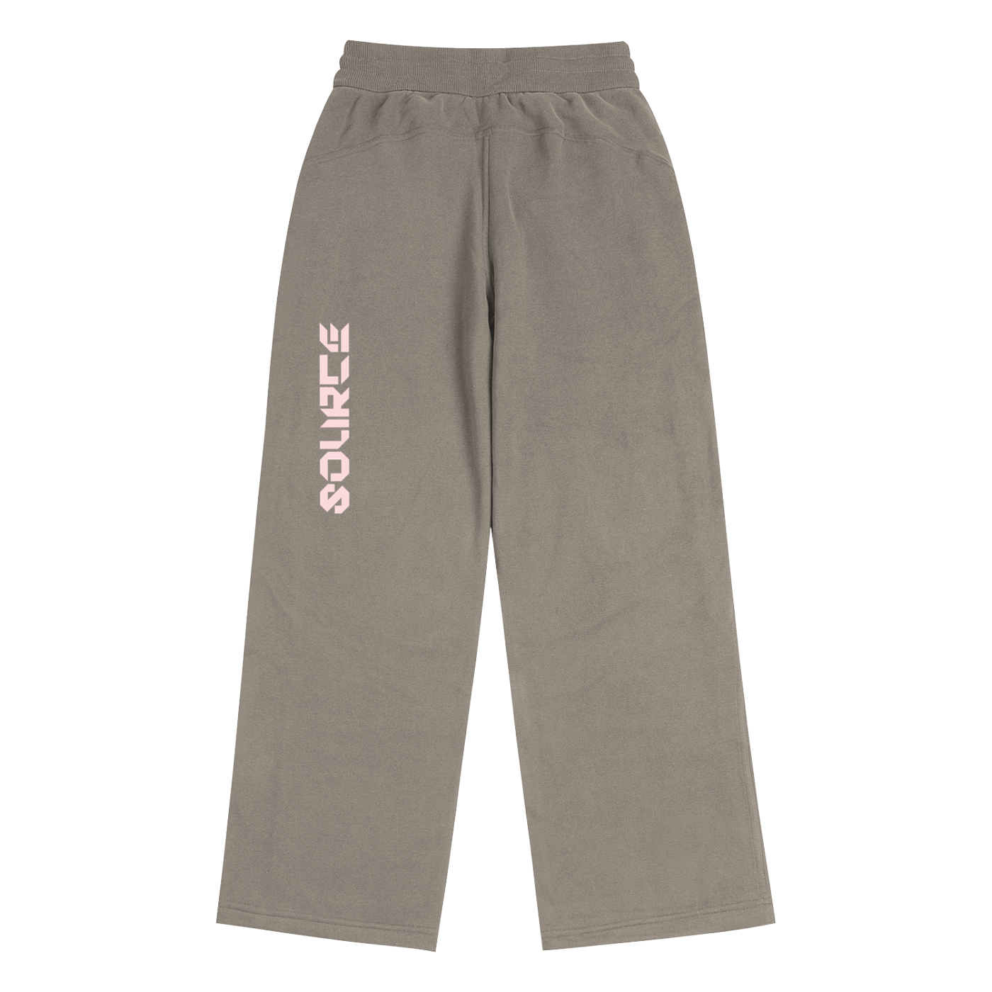 Gray sweatpants with 'SOURCE' logo on a white background