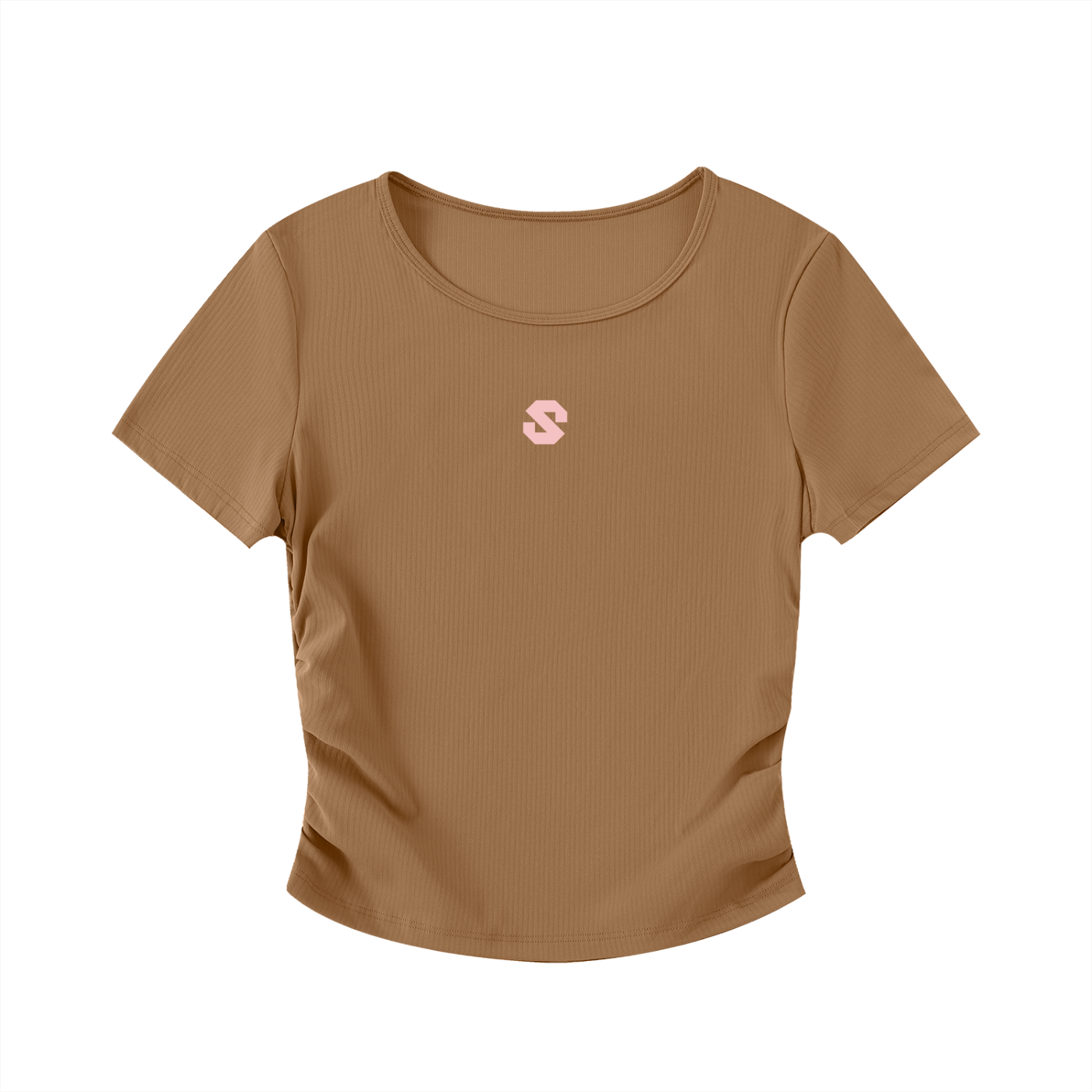 Brown t-shirt with a small logo on a white background