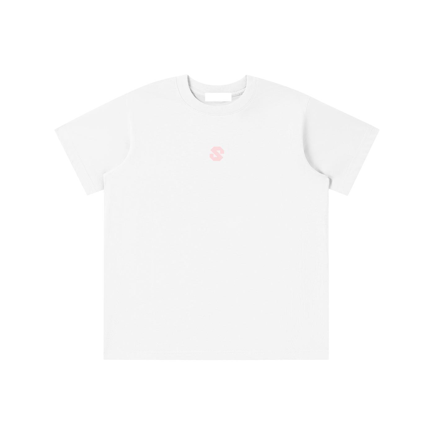 White t-shirt with a small pink logo on a white background