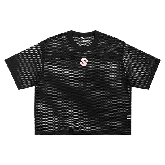 Black textured t-shirt with a logo on a white background