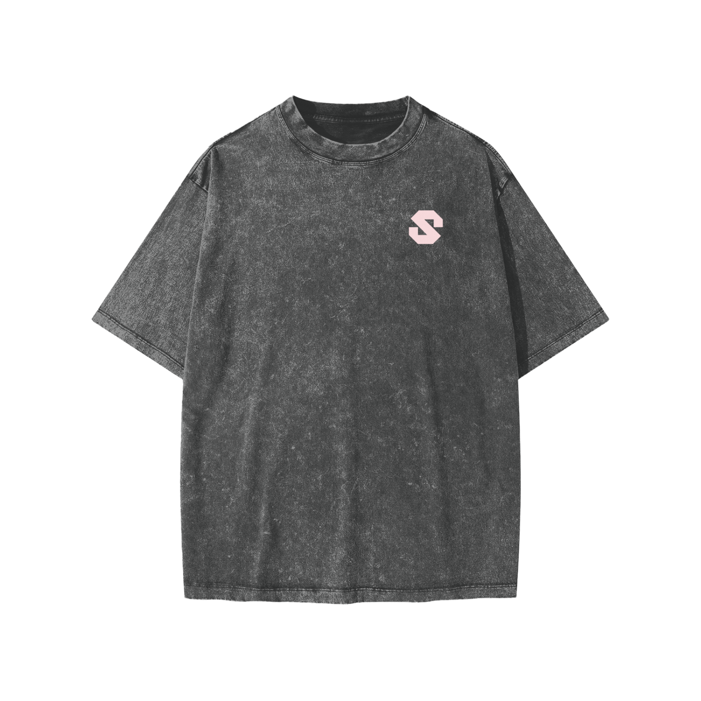 Gray t-shirt with a small pink logo on a white background