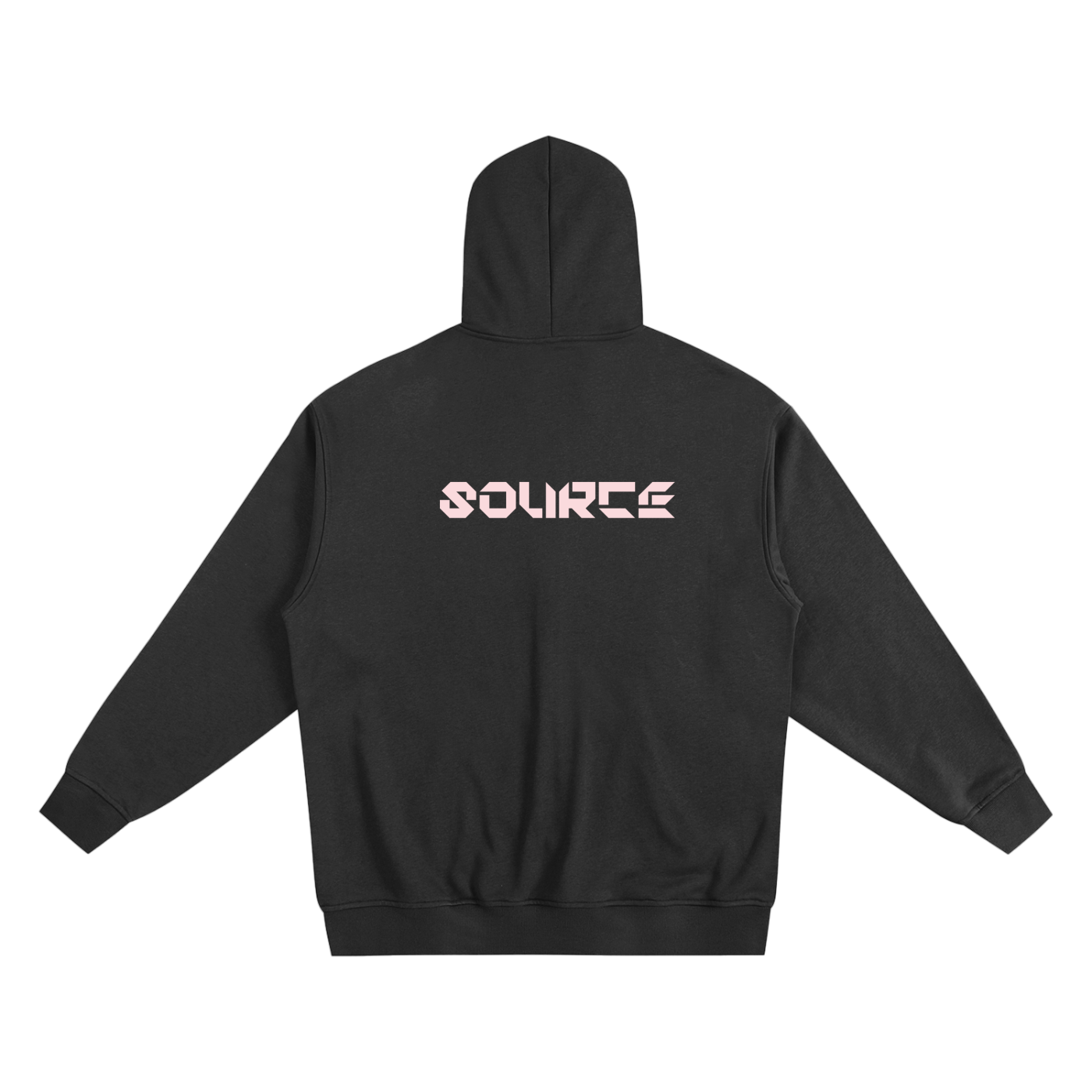 Black hoodie with 'SOURCE' logo on the back against a white background