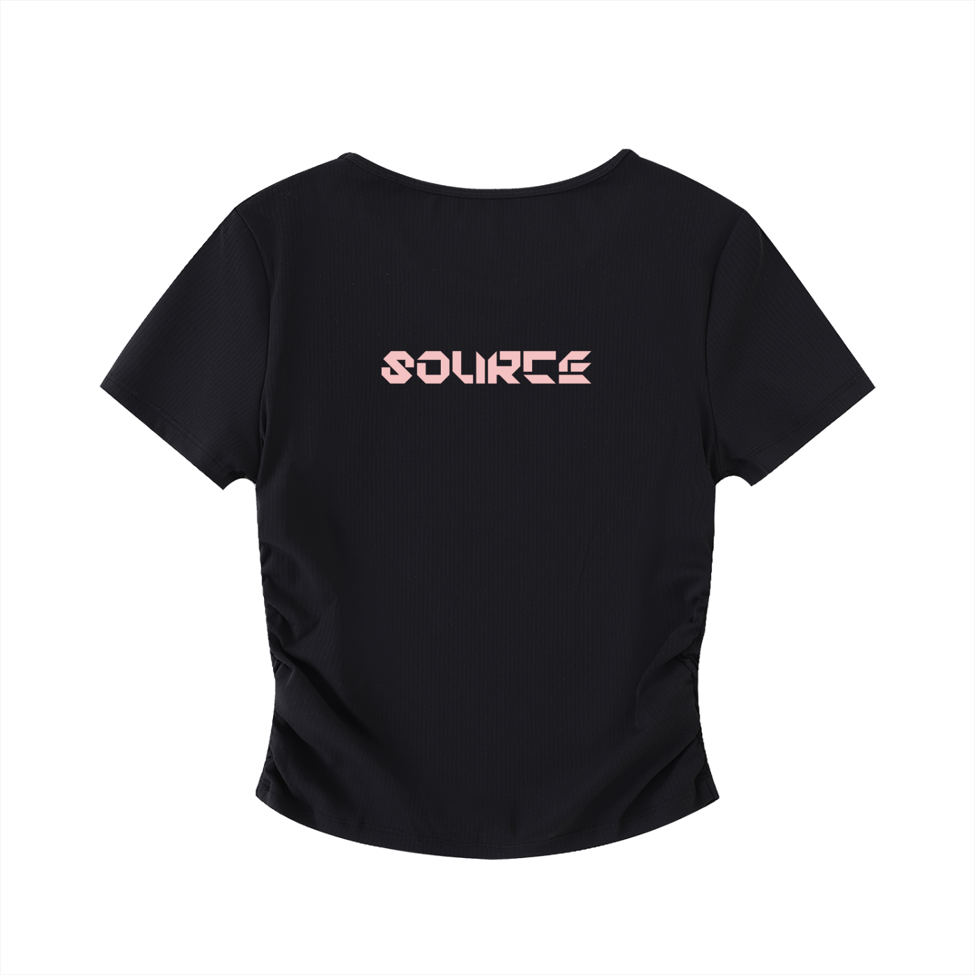 Black t-shirt with 'SOURCE' printed on the back against a white background