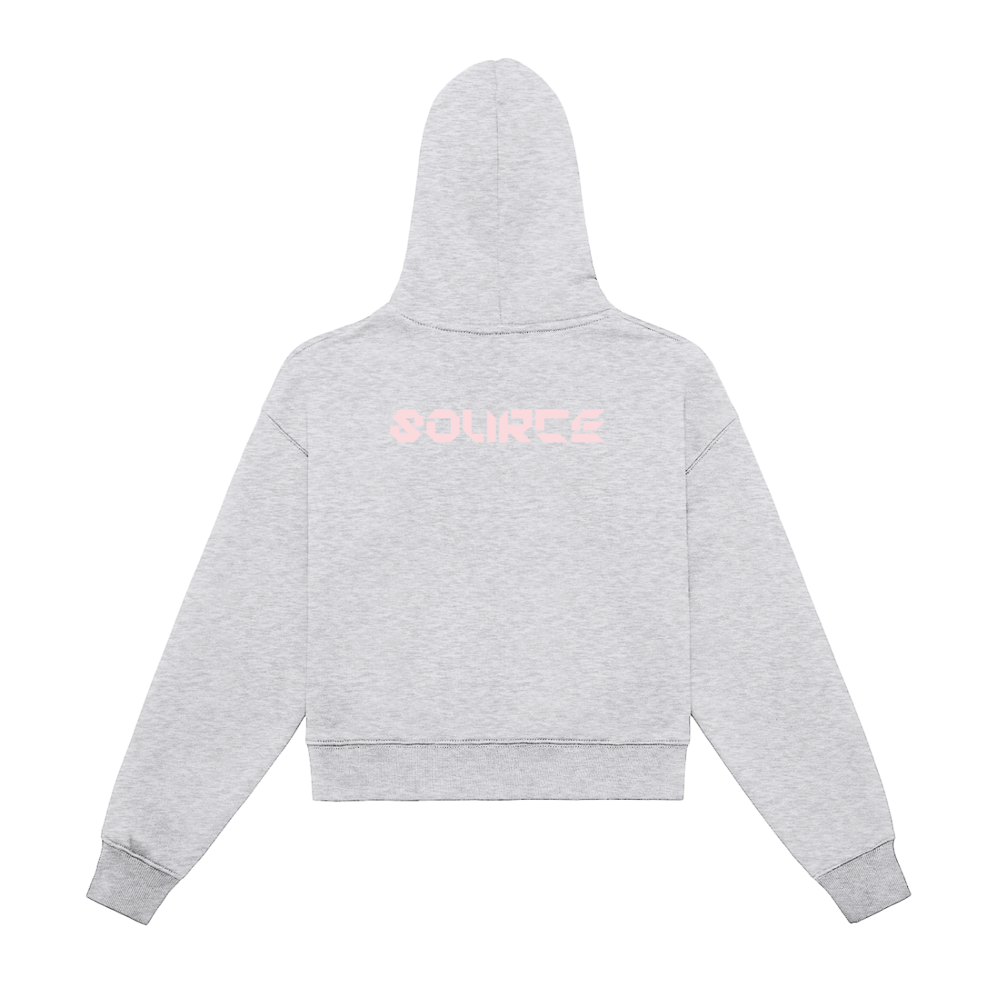 Gray hoodie with pink logo on the back against a white background