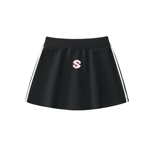 Black skirt with white stripes and a logo on a white background