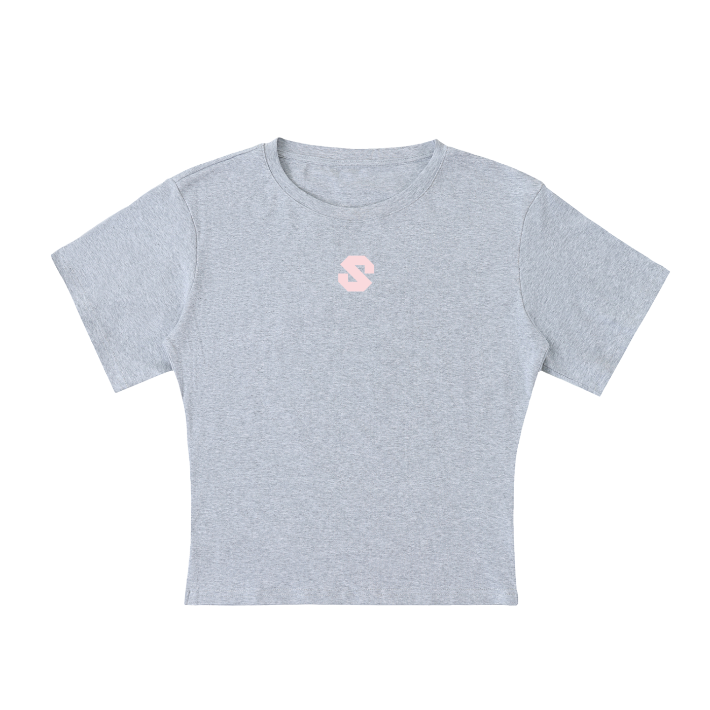 Gray t-shirt with a pink logo on a white background