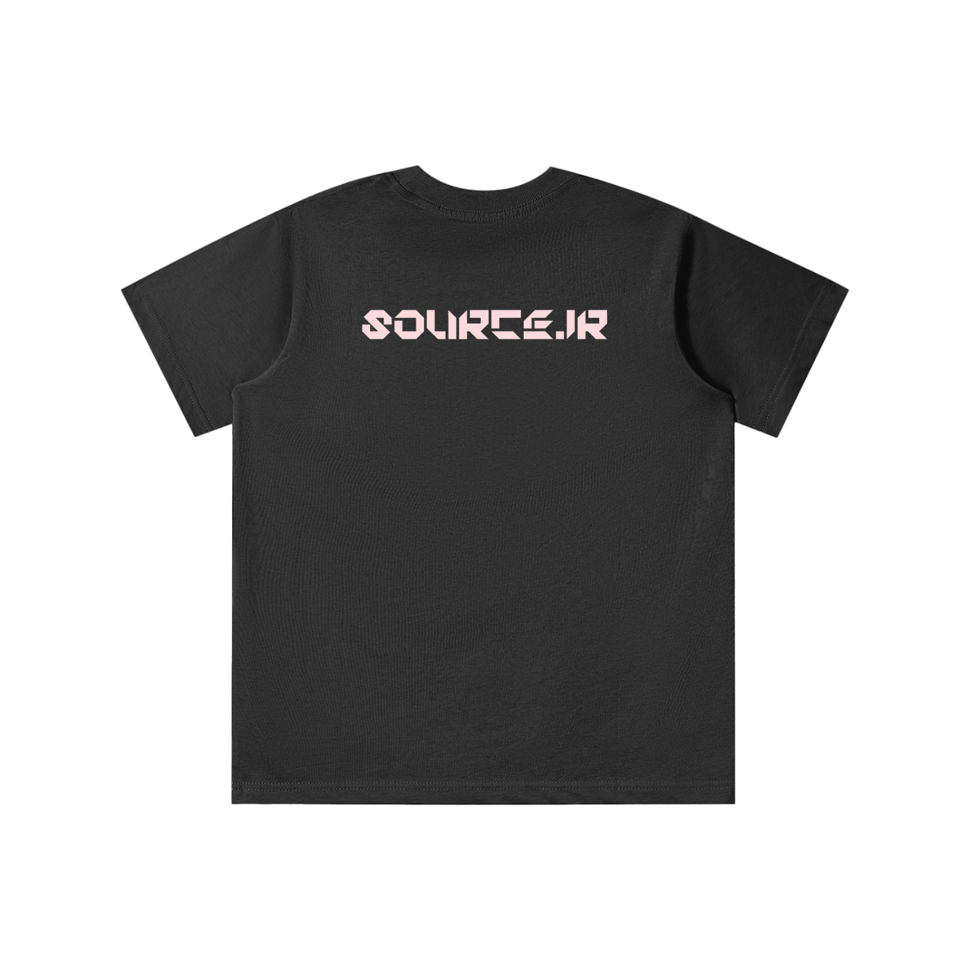 Black t-shirt with 'SOURCEJR' logo on a white background