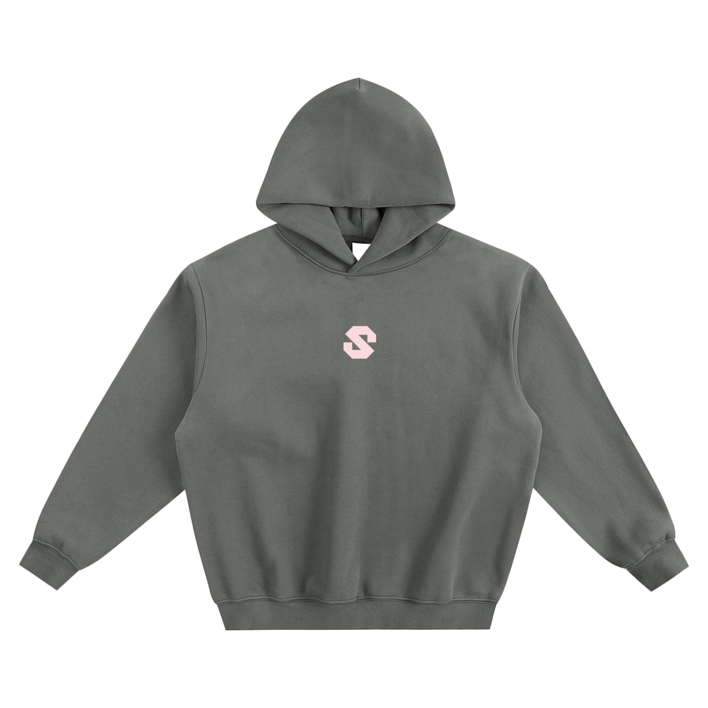 Gray hoodie with a pink logo on a white background
