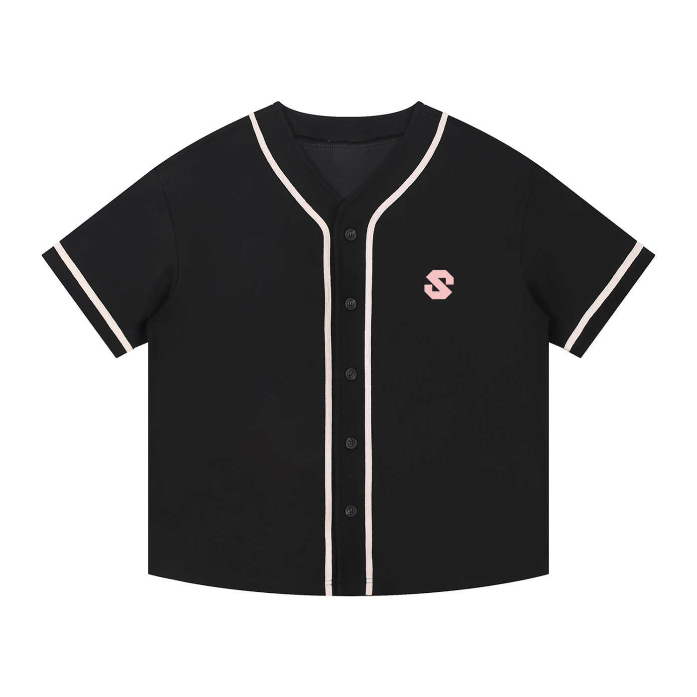 Black baseball jersey with white accents and a logo on a white background