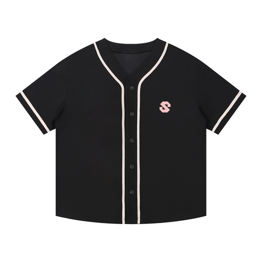 Black baseball jersey with white accents and a logo on a white background