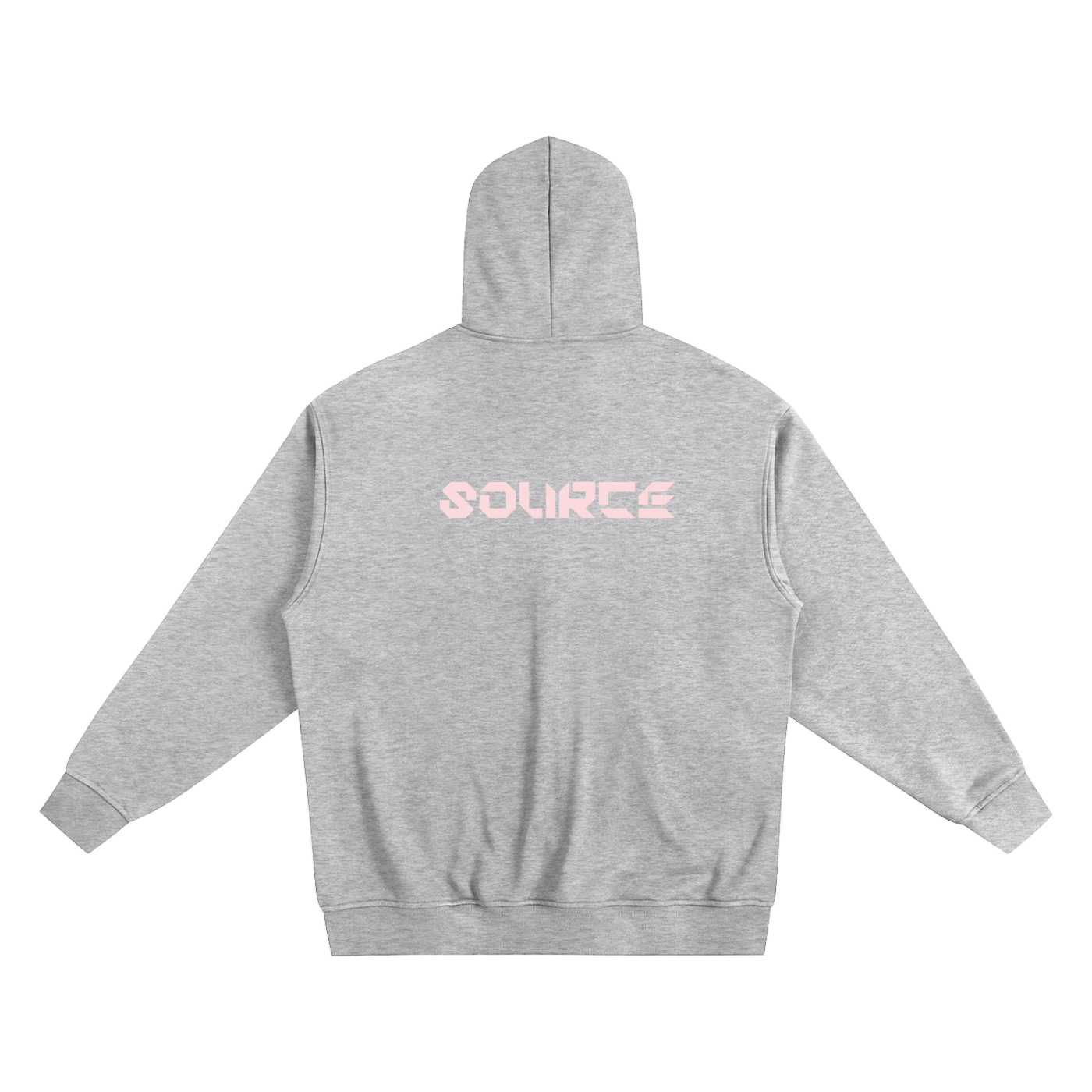 Gray hoodie with 'SOURCE' logo on the back against a white background