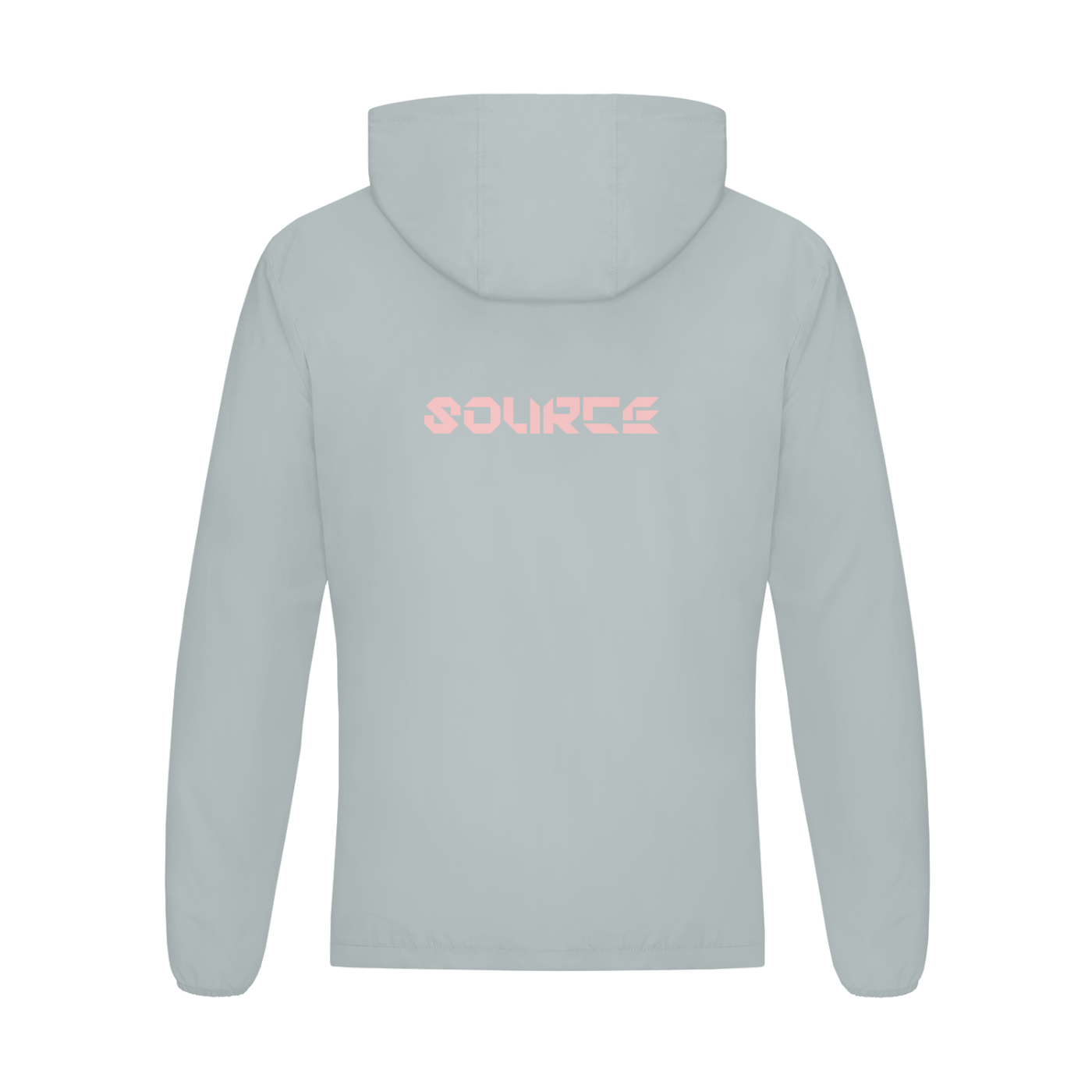 Gray hoodie with 'SOURCE' printed on the back against a white background