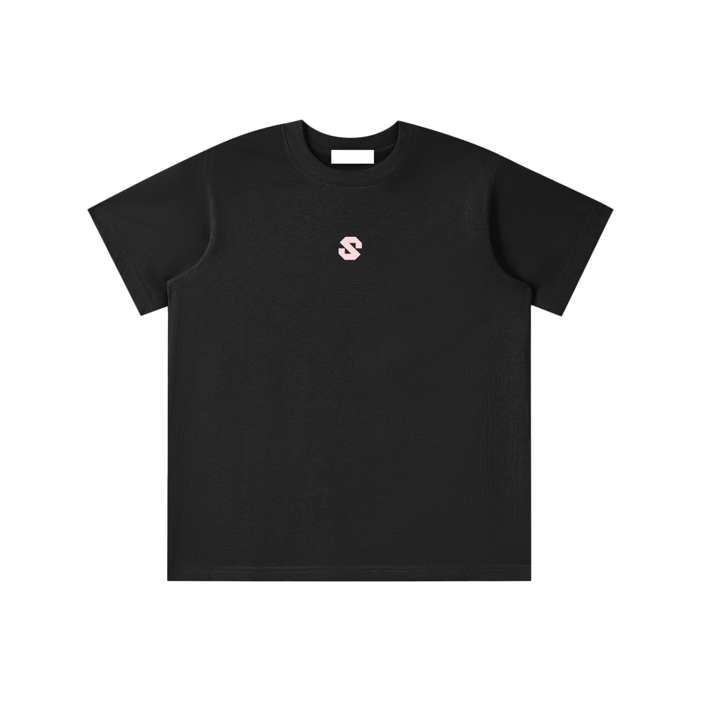 Black t-shirt with a small pink logo on a white background