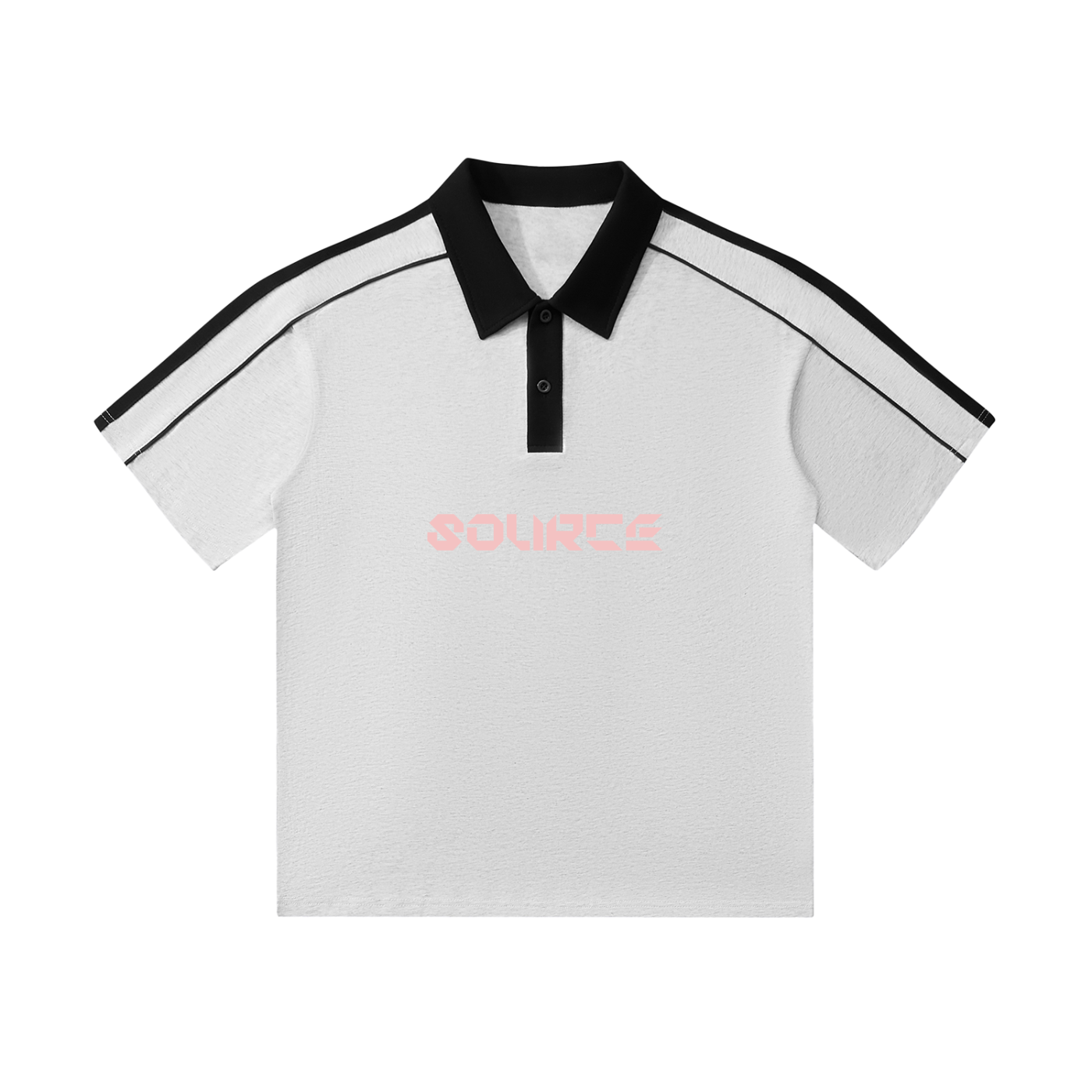 White polo shirt with black collar and pink text on a white background